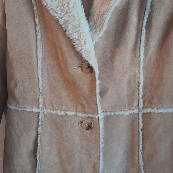 175a. vintage tan Maurices leather y2k Penny Lane coat with faux fur trim, M - Picture 4 of 7